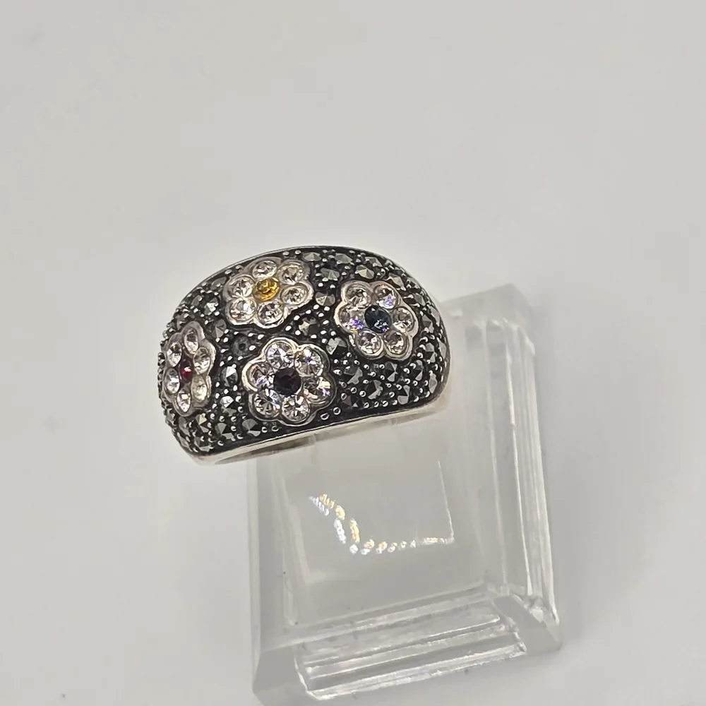 Sterling Silver Marcasite & Tiny Gemstone Flower Ring,  Size 6.75